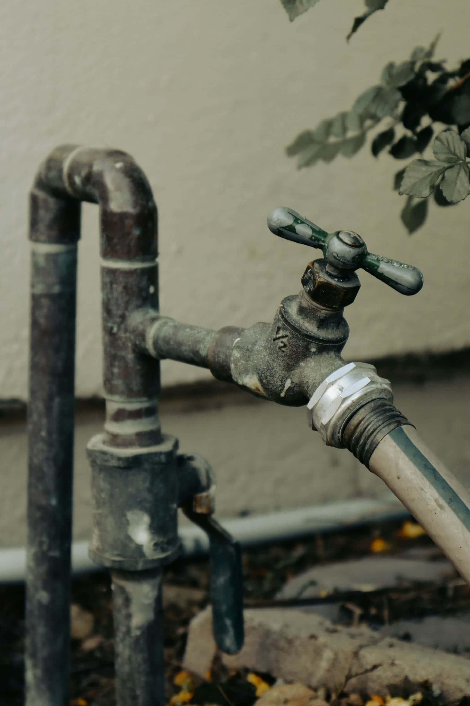 Outdoor spigot with a hose connection on an exposed pipe